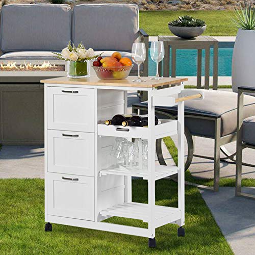 charaHOME Kitchen Island Cart with 3 Tier Holder Kitchen Serving Carts Rolling Bar Cart Natural Solid Wood Top with 3 Tier Storage Drawer,Handle Racks,Caster Liquor Cart Suitable for Placing Wine