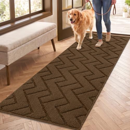 Image of hicorfe Dirt Trapper Indoor Doormat,20 inchx59 inch Welcome Door mat,Non Slip Backing Washable Door Mats,Absorbent and Resistant Low-Profile Entrance Inside Floor Mat for Front Back Door,Entryway (Dark Brown)