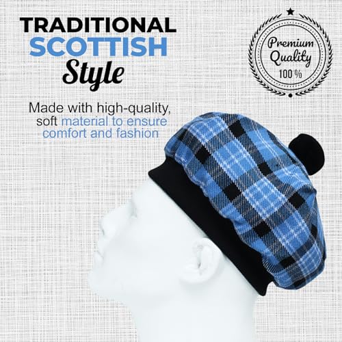 Image of Scottish Tam O' Shanter Hat Tartan Bonnet Pom Pom Wool Flat Cap One Size