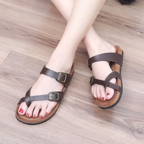 Image of Sandals Women Wide Width, Cork Footbed Arch Support Summer Beach Slide Sandals, Adjustable Strap for Wide Feet