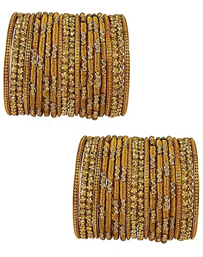 Image of NMII Glass and Silk Thread Zircon Gemstone Bangle Set For Women /Girls, Pack Of 40 Bangles (2.4 Inch, Golden)