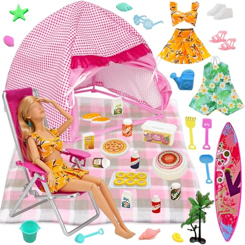 35 Pcs Travel Camping Playset for 11.5 Inch Girl Dolls with 1 Tent 1 Picnic Mat 1 Chair 1 Surfboard 12 Beach Toys 13 Camping Food Accessories 2 Summer Outfits Adventure Toy for Outdoor Pretend