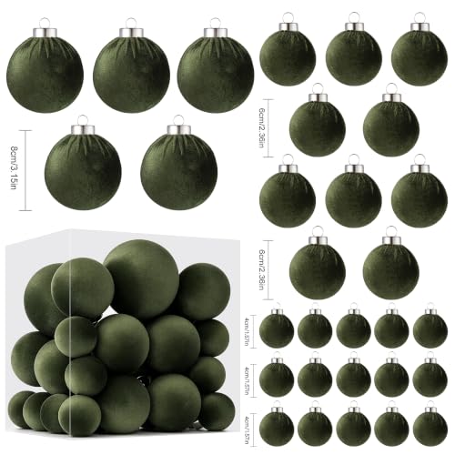 Velvet Christmas Ball Ornaments - 30pcs Flocked Christmas Ornaments Set Shatterproof Classic Hanging Xmas Tree Decorations with Rope for Wreath Holiday Home Decor (Dark Green) - image 2