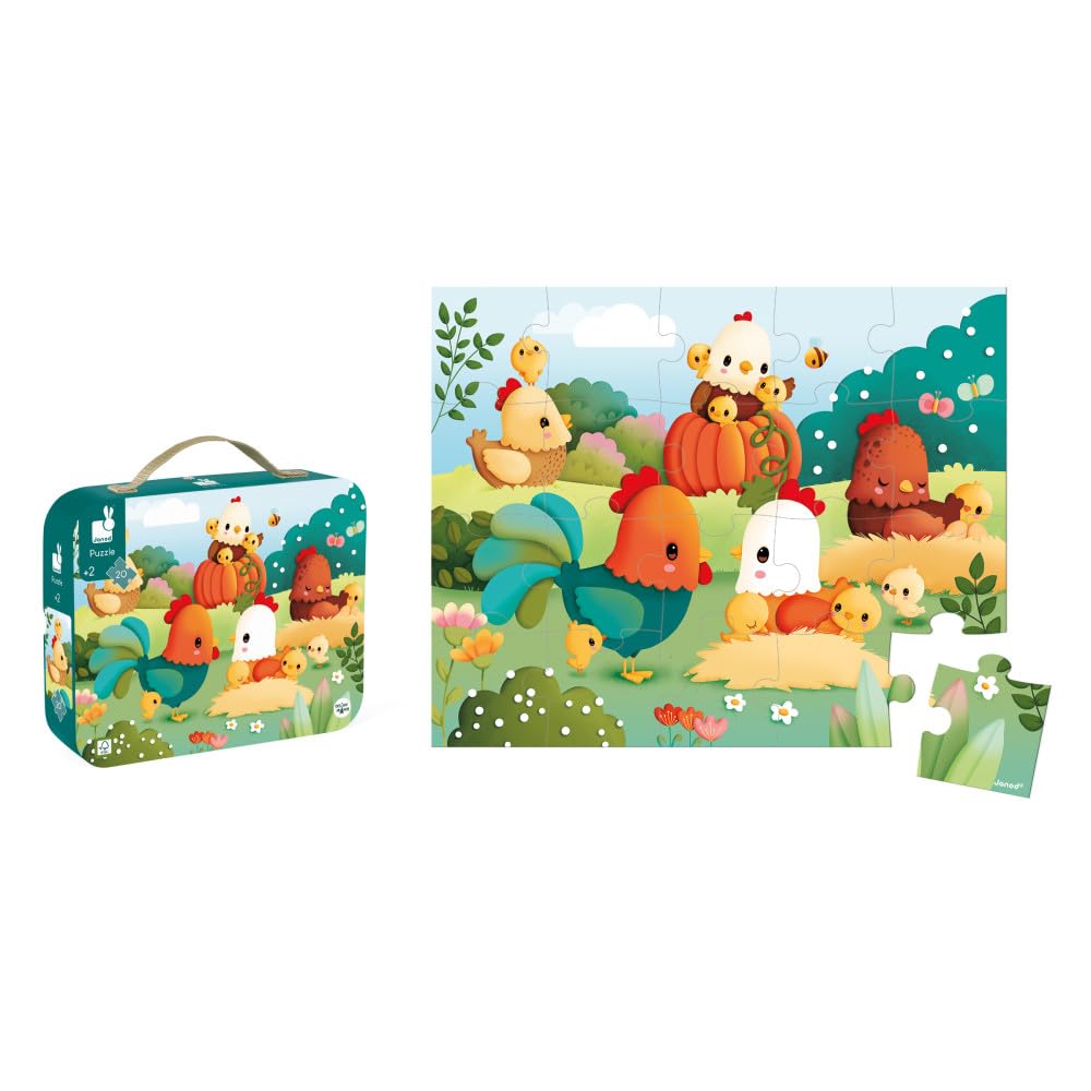 Janod 20-teiliges Kinderpuzzle – Willkommen auf dem Bauernhof – Geschenktasche mit Stoffgriff – Alter 2–4 Jahre – J03328