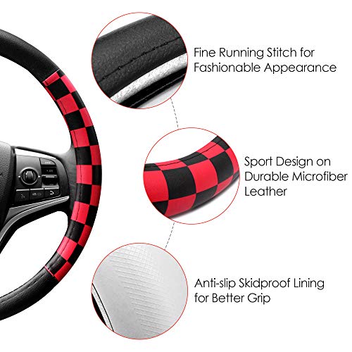 Finex Pu Leather Checker Flag Black & Red Universal Fit Auto Car Grip Steering Wheel Cover 15 Inch Non-Slip Interior Decal Driving Accessories Decoration For Men Women #TOP1