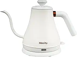 Mecity Chaleira elétrica, aço inoxidável, pescoço de ganso, caldeira de água para derramar sobre café, aquecimento rápido, desligamento automático, 798 ml, 1000 W, branco leite
