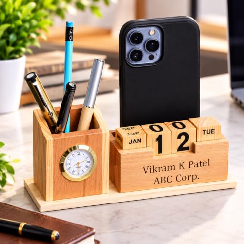 Image of Deskart Personalized Wooden Desk Organizer with Pen Holder, Mobile Stand, Perpetual Calendar & Clock | Custom Name Office Table Organizer | Corporate Gift for Boss, Employees & Professionals