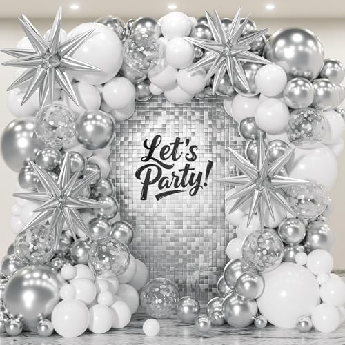 PTGOLUO 153Pcs White and Silver Balloons Garland Arch Kit with Stars - 22 18 12 10 5 inch Different Size White Metallic Silver Confetti Latex Balloon for Birthday Baby Shower Wedding Party Decorations