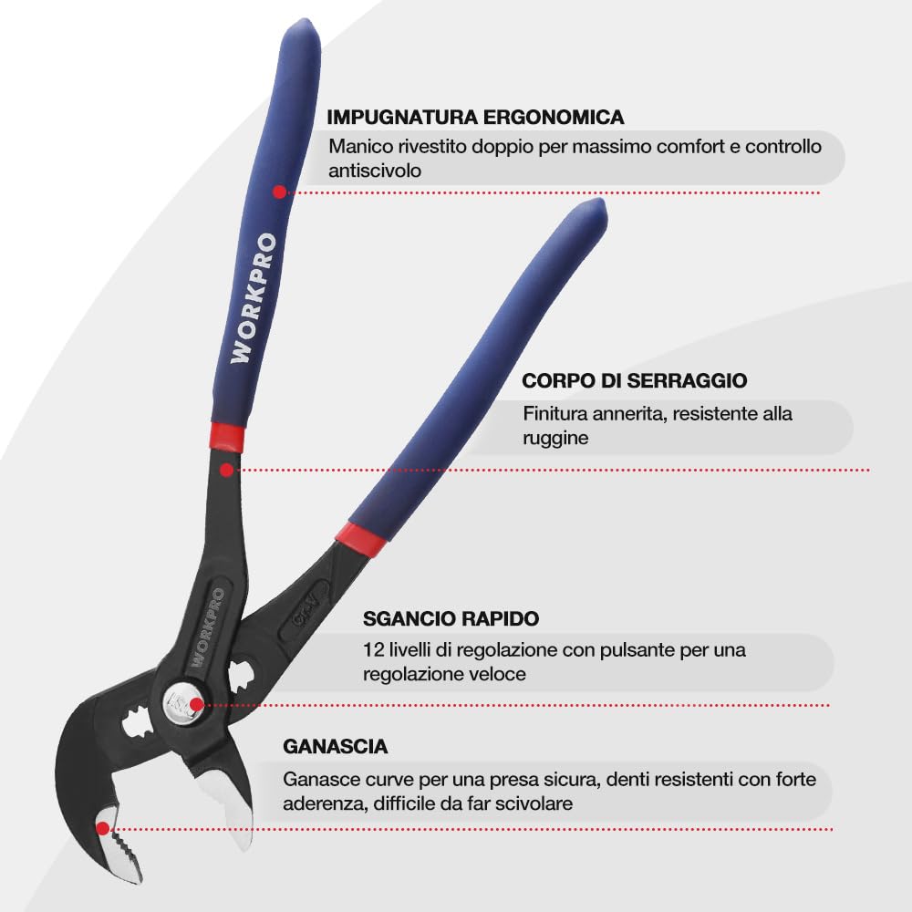 WORKPRO Pinze Regolabili per Tubi e Dadi 250mm, Pinza a Pappagallo a Regolazione Rapida, con Comoda Impugnatura