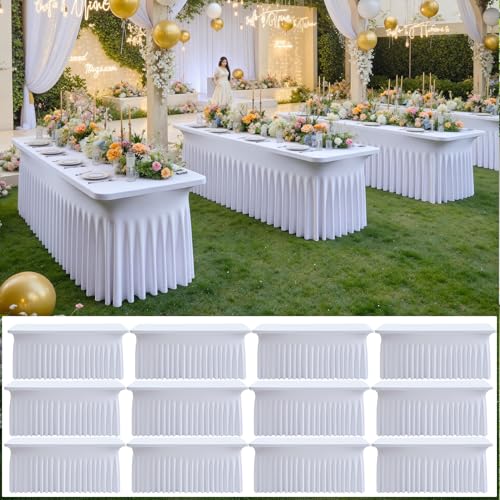 Image of 12 pk White Spandex Table Cloth Rectangle 6ft with Ruffle Skirt,Wrinkle Free High-Stretch Fitted Tablecloths for 6 Foot Rectangle Tables,Elastic Spandex Table Covers 6 ft for Parties Weddings Banquet