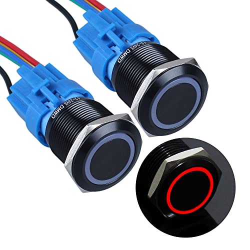 Image of 2PCS 22mm Metal Latching Push Button Switch Waterproof Anti-Vandal Black Shell with Pre-Wired Socket for 7 /8 inch Mounting Hole 12V-24V ON Off 1NO 1NC Halo Ring Red LED