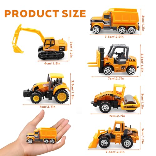 AtomDream Tech 6 Pack Diecast Construction Vehicle Toys – Mini Construction Truck Set with Excavator, Dump Truck, Bulldozer & Mixer for Boys Girls Ages 3+, Birthday Party Favors & Goodie Bag Stuffers - image 2