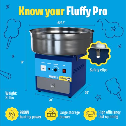 Wumple - Cotton Candy Machine Pro Bundle, Large Stainless Steel Bowl & Drawer, Includes 3 Flavored Sugars and 70 Cones for Parties and Business (Blue)