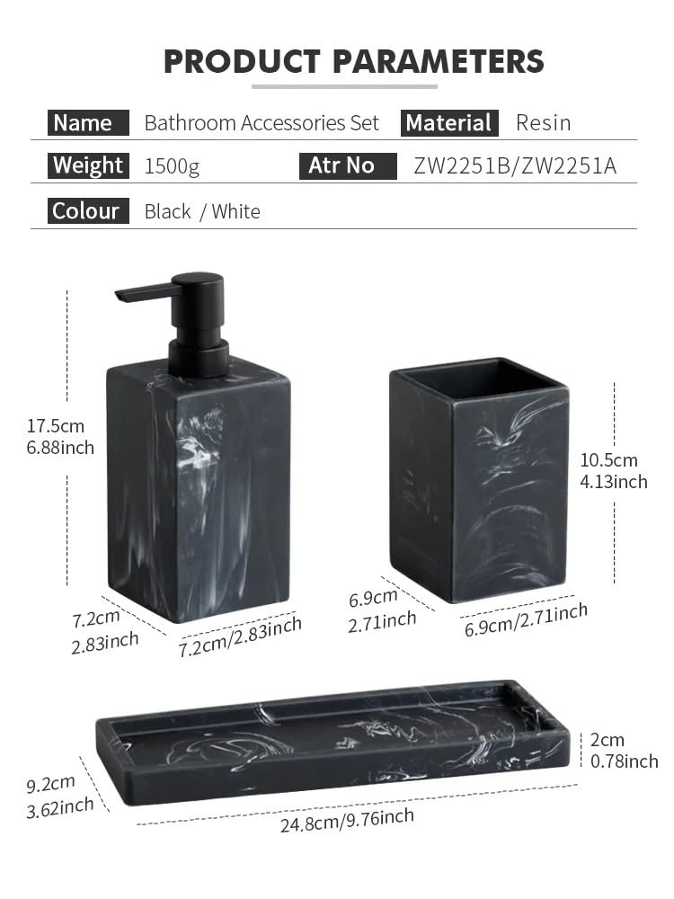Accesorios BañO Set Accesorios De Baño Dispensador Jabón Y Loción con Diseño Mármol Completo, Soporte For Material Resina, Blanco Negro(White 4 pcs)