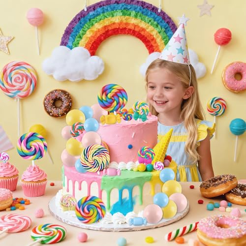 Rismise Candyland Cake Topper 28PCS Lollipop Cake Decorations Colorful Ball Cake Toppers Candy Cake Topper Sweet One Cake Toppers with Lollipop Donut Bow for Sweet Ice Cream Theme Party - image 3
