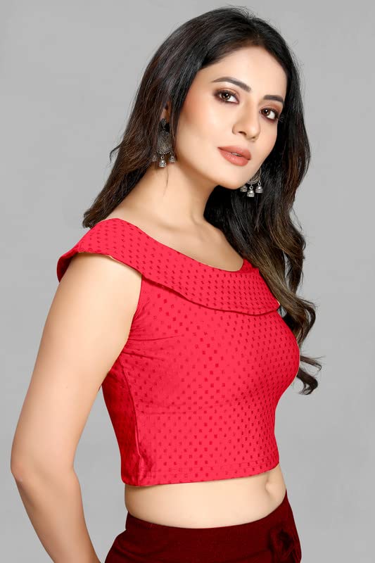 Image of Cotton Lycra Stretchable Off Sholder Short Sleeves Saree Blouse Readymade Crop Top Choli for Girls and Womens