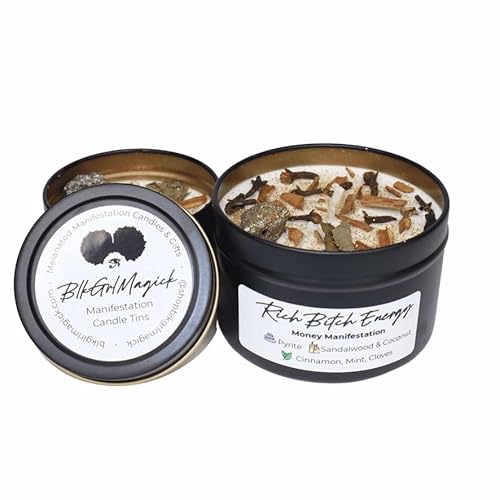 BlkGrlMagick Money Manifestation Pyrite Crystal Candle,Handcrafted, Creamy Coconut Sandalwood Scented, Mint, Cinnamon, and Clove for Prosperity Abundance Wealth Law of Attraction (16oz Jar)