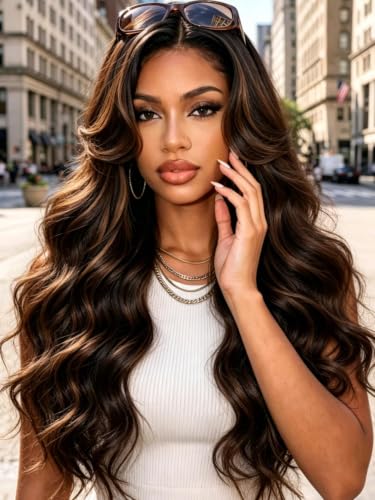 Image of KLAIYI Pre everything 13x4 Lace Frontal Yaki Straight Ombre Chestnut Brown Highlight Loose Body Wave Human Hair Wig Drawstring Bang Glueless Ready to Wear and Go Wig Pre Plucked Bleached Knots 20Inch