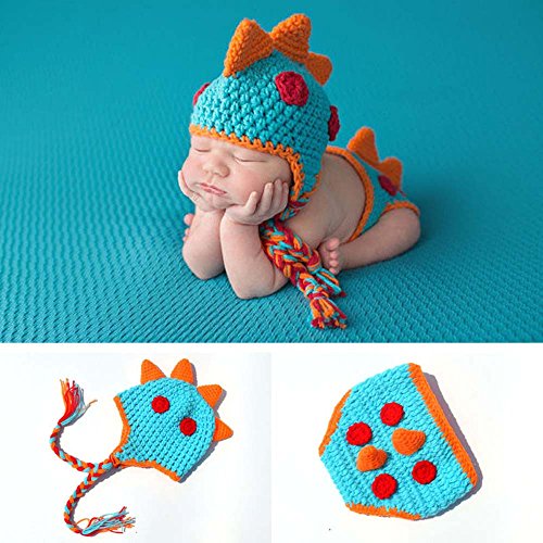 Osye Baby Crochet Knitted Outfit Dinosaur Costume Set Photography Photo Props, Blue