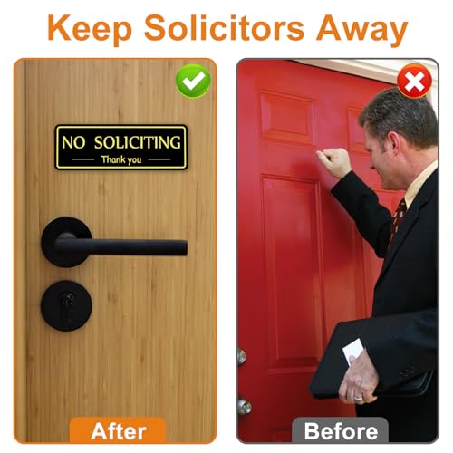 Image of MOWPOG 2 Pack No Soliciting Sign Sticker for House Front Door, Black /Gold | 7.9 inchx2.8 inch Thick Acrylic, Strong Self-Adhesive, Weatherproof & Sturdy, for Home, Office, Wall, Keep Solicitors Away