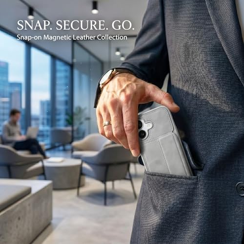 Image of amazon basics Luxury Vegan Leather Back Cover for iPhone 16 | Built-in Card Holder Slot | Integrated Mobile Stand | Slim Shockproof Protective Case with Stitched Finish - Gray