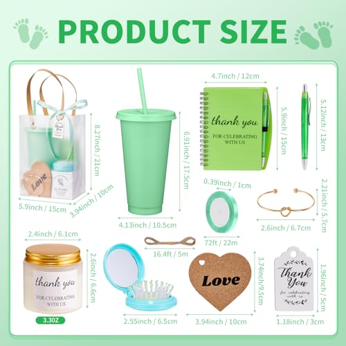 50Pcs Baby Shower Prizes for Game Winners Baby Shower Favors Gifts including Plastic Tumbler Notebook Scented Candles Ballpoint Pen Mirrors with Hair Brushes Bracelet Gift Bag (Green)