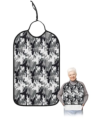 Black Camouflage Adult Bibs for Eating, Waterproof Bibs with Food Catcher & Adjustable Snap Closure, Grey Ombre Military Modern Abstract Art Clothing Protectors Adult Bibs for Elderly Women/Men