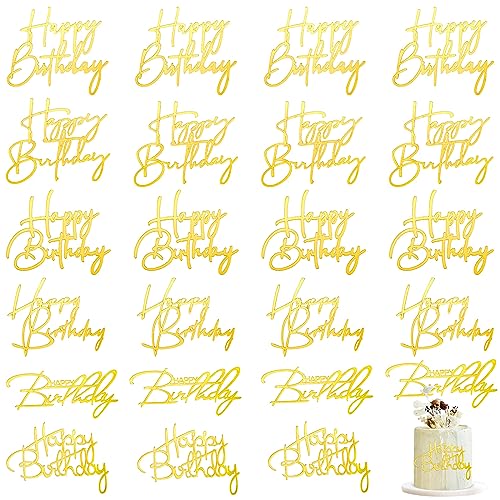 Barydat 24 Pieces Gold Happy Birthday Cake Toppers Mirror Acrylic Cupcake Topper Happy Birthday Sign for Cake Side Cupcake Decorations, 6 Styles