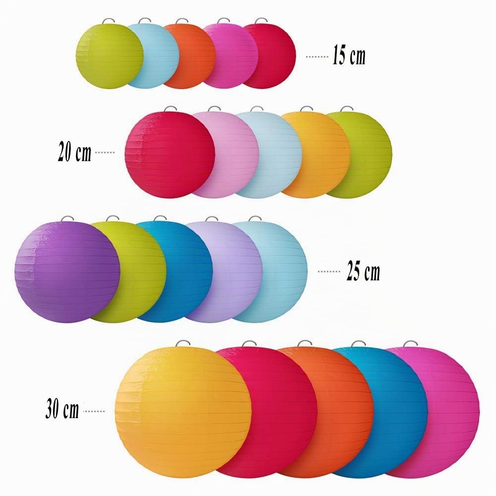 Jangostor 20 farolillos de papel redondos, farolillos de papel de colores, para bodas, cumpleaños, diferentes tamaños de 15, 20, 25, 30 cm (Muti)