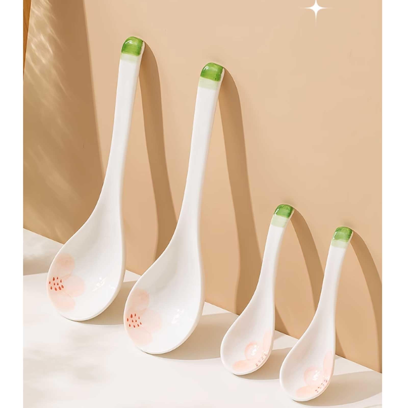 Cuillère à Soupe (Lot de 2) en céramique, cuillère ménagère Long Manche, Blanche Motifs colorés, Petite délicate, Table, Glace(L)
