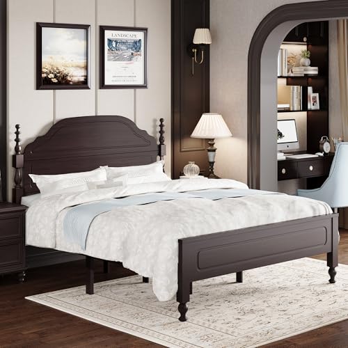 BedsPick Solid Wood Bed Frame Queen Size, Wooden Retro Style Queen Bed Frame with Headboard and Footboard, Heavy Duty Bed Frame with 12 Wood Slats Support,No Box Spring Needed,Noiseless, Dark Brown