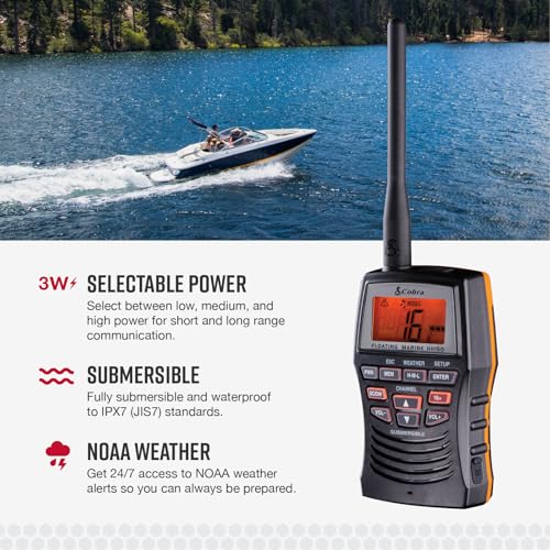 Image of Cobra VHF Marine Radio - MR HH150 FLT - 3 Watt, Floating, Long Range, Handheld, NOAA, International, Waterproof, Submersible, Weather Alerts, LCD Screen, Belt Clip