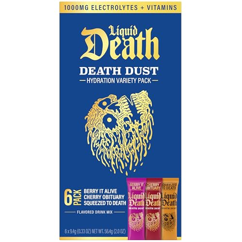 Liquid Death Electrolyte Death Dust Berry It Alive Cherry Obituary & Squeezed To Death Hydration Powder Essential Vitamins Variety Packets 6 pack