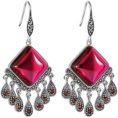 MIYUAN 925 Sterling Silver Earrings Vintage Court Style Square Synthetic Ruby Drop Tassel Dangle Cover