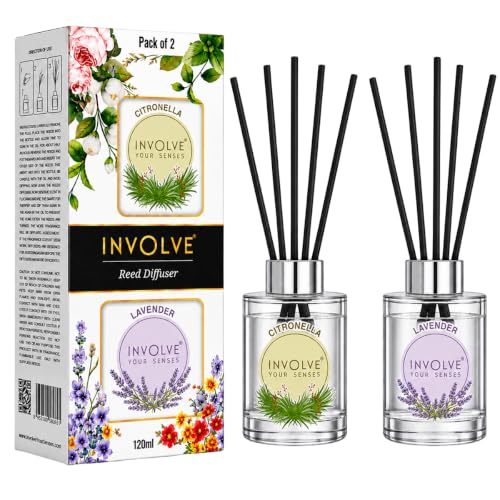 Image of Involve Pura Reed Diffuser Set (Pack of 2) - Lavender & Citronella - 120 ml | Oil Diffuser with Free 10 Reed Sticks | Room Freshener for Home, Bedroom | Gifts Set | New Home Gift Items Useful