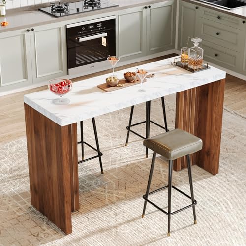 Tribesigns Home Bar Unit, 55.12-Inch Bar Table with a Faux Marble Finished Tabletop, Modern Freestanding Mini Bar for Home Kitchen, Living Room, Balcony, Basement, Walnut & White - Image 6