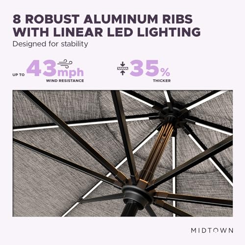 Image of Midtown Umbrellas LED Swilt - 9 Ft Solar LED Patio Umbrella, Greige Canopy