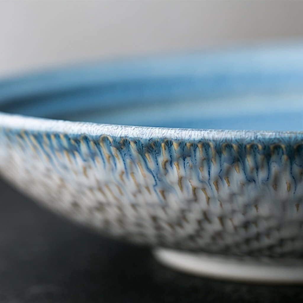 Juego de Platos para la Cena, Cuenco de Servicio, diseño de Hilo, Cuenco Azul Poco Profundo, Cuenco para Ensalada de Frutas, Cuenco de arroz de cerámica Verde, Cuenco Red,Blue-24 * 5.5CM