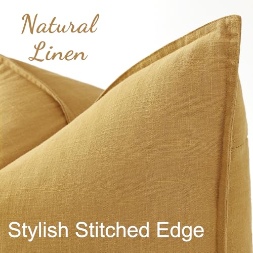 Image of decorUhome Fall Decorative Linen Throw Pillow Covers 16x16 Inch Set of 2 Mustard Yellow Pillow Covers with Flange Edges Soft Farmhouse Boho Accent Pillow Cases for Couch Bed Living Room