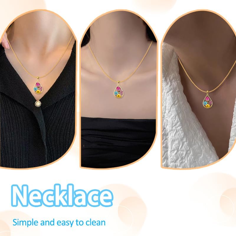 Rose Dried Pressed Flower Necklace for Women Gold Handmade Wildflower Teardrop Pendant Necklace Nature Gifts for Her Mom Grandma Birthday Christmas Gifts for Sister Freind Flower Resin Necklaces - Image 3