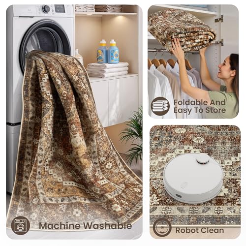 Rugland 9x12 Area Rug - Stain Resistant Washable Rug, Anti Slip Backing Rugs for Living Room, Vintage Tribal Area Rugs (TPR07-Rust, 9'x12')