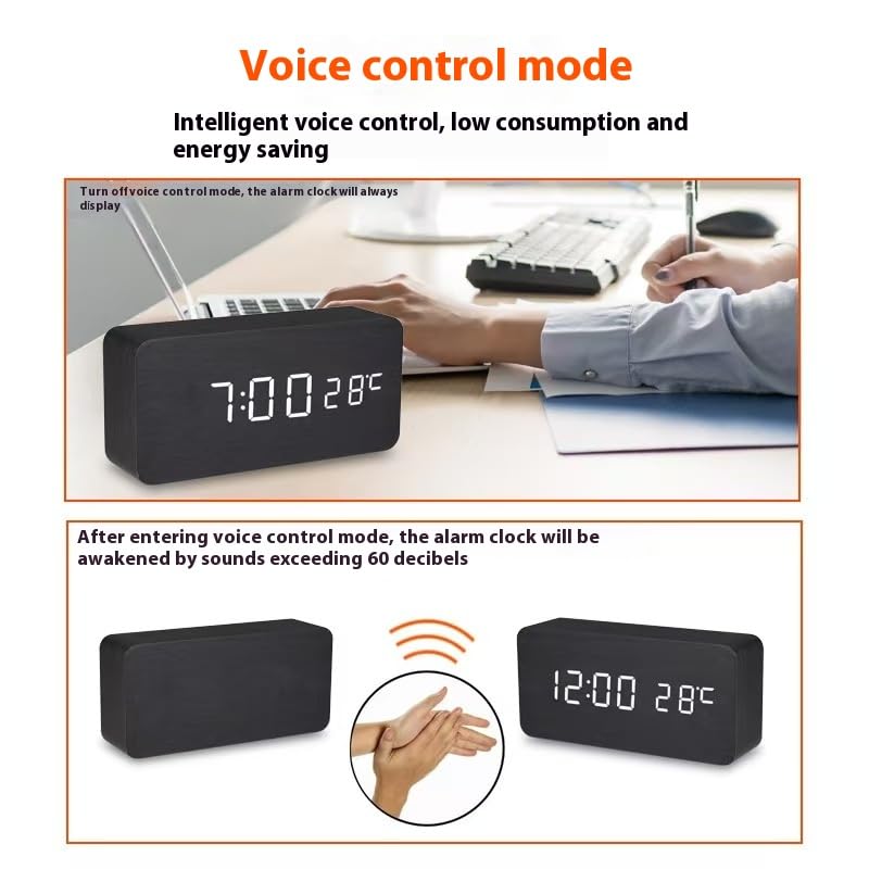 Battery Powered Digital Clock for Bedroom and Living Room Decor, Nightstand Clock with Voice Control Function Dual Display Time(12/24h) and Temperature(°C/°F), Office Wood Décor (Black) - Image 5