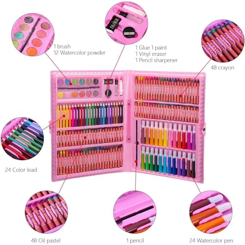 Image of 168-Piece Kids Art Set,Portable Drawing Set Makes Great Gift for Artists Kids, Art Box Drawing Painting has Watercolors Markers Crayons Color Pencils Oil Pastels Glue