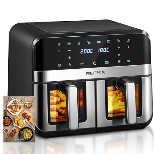 9L Dual Air Fryer with Visual Window, 8 Cooking Presets, Touch Screen, LED Display, Dual Zone Digital Air Fryer with Cookbook, Timer & Temperature Control, Nonstick