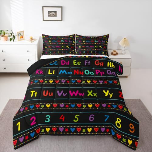 Image of Feelyou ABC Alphabet Comforter Set Full, Alphabet Numbers Bedding Set for Kids Educational Learning Comforter Learning Time Duvet Set with 2 Pillow Case