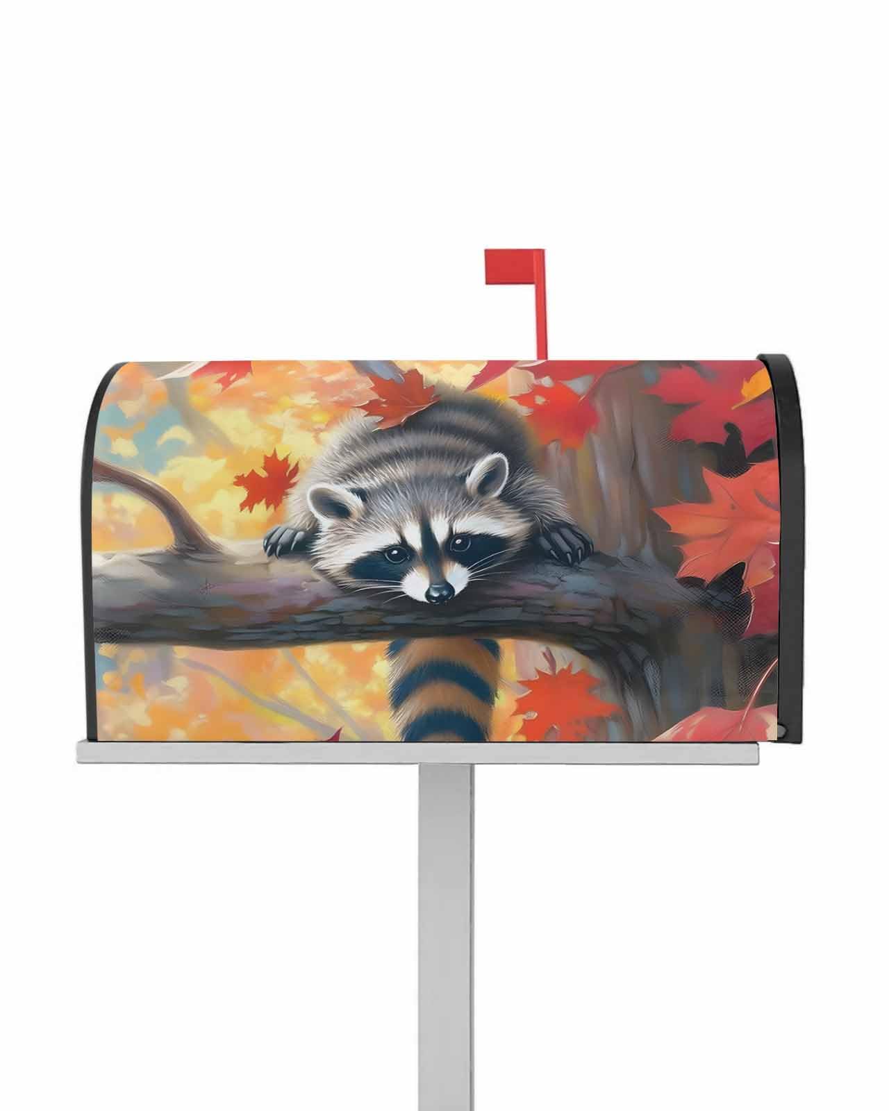 Futuregrace Mailbox Covers Magnetic Oversized 21x25.5In Outside Mailbox Decoration Fall Maple Leaf Forest Mischievous Brown Raccoon Magnetic Postbox Covers Wrap for Garden Yard Home