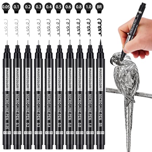 MARTCOLOR Micro Pen Fineliner Pens, 10 Size Fine Point Archival Black Ink Pens, Waterproof Multiliner Pen for Artist Illustration, Sketching, Art Drawing, Anime, Manga, DIY Gifts Projects
