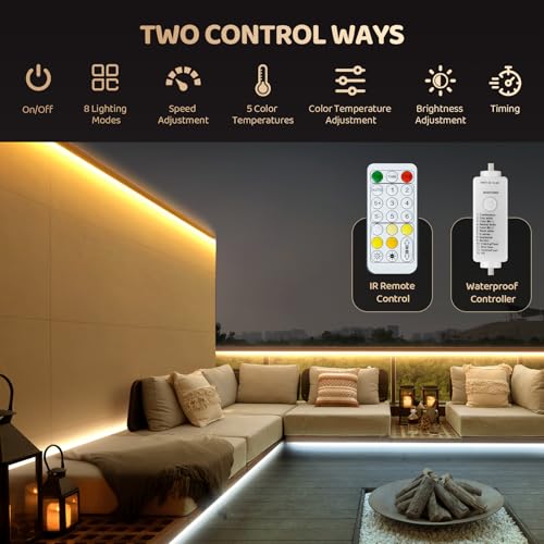Image of 65.6ft Outdoor LED Strip Lights IP67 2700K-6500K CCT White with Remote | Warm to Cool Tunable White IP67 Waterproof LED Tape Light with Dimmer&Timer, 24V Outdoor Rope Lights for Backyard Patio House