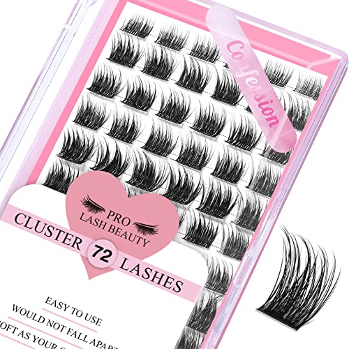 Cluster Lashes 72 Pcs Lash Clusters DIY Eyelash Extension Individual Lashes Confession D-8-16mm Thin Band Easy to Apply at home Lashes