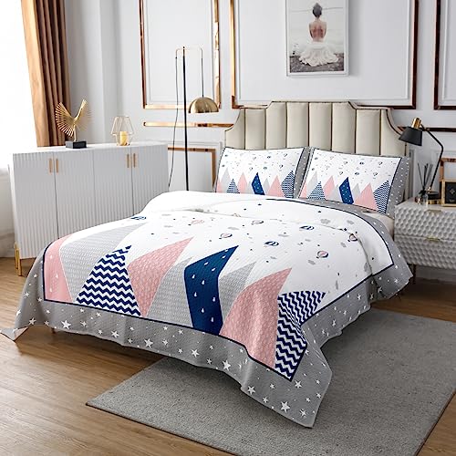 Cartoon Hot Air Balloon Kids Bedspread King Size,Abstract Mountains Clouds Coverlet Set for Boys Girls Adults,Starry Sky Geometric Stripes Quilted Coverlet,Blue Pink Bedding Quilt,2 Pillowcases